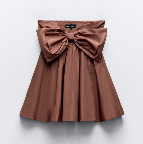 ZARA Bow Mini Dress Brown - Picture 14 of 16